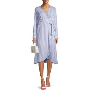 Time And Tru Tie Long Sleeve Wrap Dress Women’s Sz M 8-10 White Striped